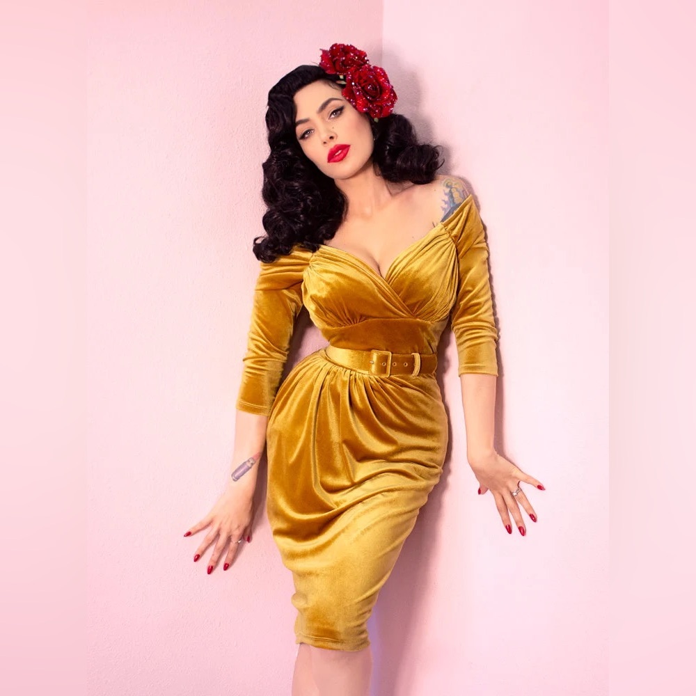 Vixen by Micheline Pitt Gold Velvet Starlet Dress